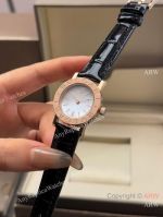 High Quality Replica BVLGARI Black Full-Grain Leather Strap White Verde Alpi Marble Mother-Of-Pearl Face Dial 316 Stainless Steel Case Watch 26mm